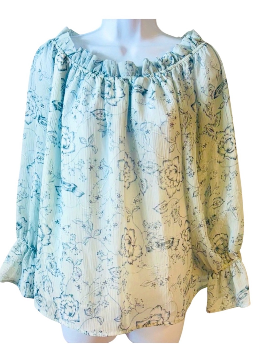 Belle + Sky Floral Pale Blue Sheer Off Shoulder Peasant Blouse Bodice Lined Sz L